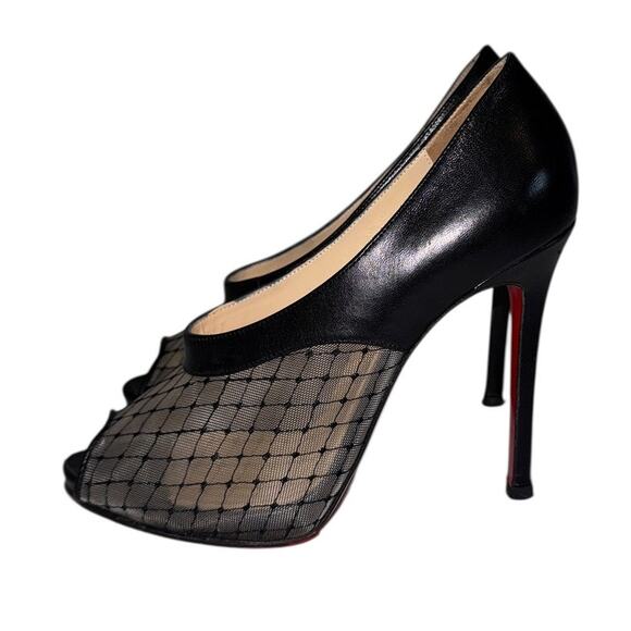 Christian Louboutin Resillana Black Leather & Mesh Peep Toe Heels Size 38.5 - Picture 4 of 13